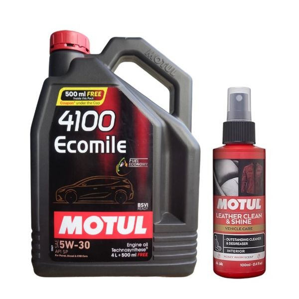 Motul 4100 Ecofleet 5W30 4.5L Technosynthese Engine Oil with Leather Clean 100ML Combo