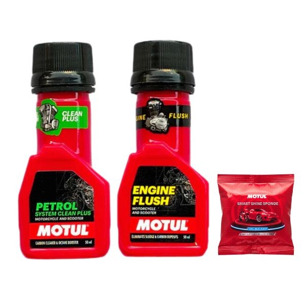 Motul Petrol System Clean 50ml & Smart Shine Sponge Combo | Fuel System Cleaner & Vehicle Shine Care KitPetrol System Clean 50ml & Engine Flush 50ml with Smart Shine Sponge Combo | Complete Engine, Fu