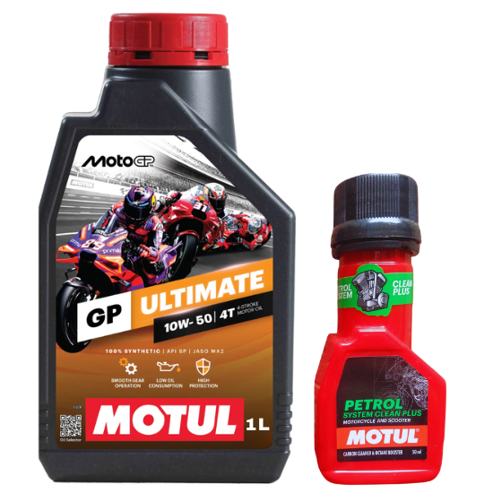 MOTUL Moto GP Ultimate 10W50 Fully Synthetic 4-Stroke Engine Oil for Bike (1 Litre) With  Petrol System Clean Plus (50ml)