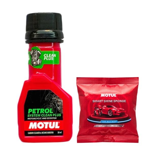 Motul Petrol System Clean 50ml & Smart Shine Sponge Combo | Fuel System Cleaner & Vehicle Shine Care Kit