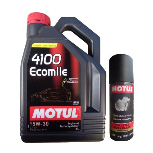 Motul 4100 Ecomile 5W30 Technosynthese Engine Oil 3L with Throttle Body Clean 100ML Combo