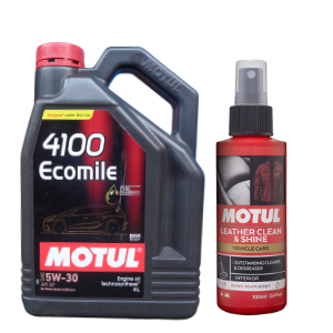 Motul 4100 Ecomile 5W30 Synthetic Engine Oil 4L With Leather Clean & Shine 100ml Combo