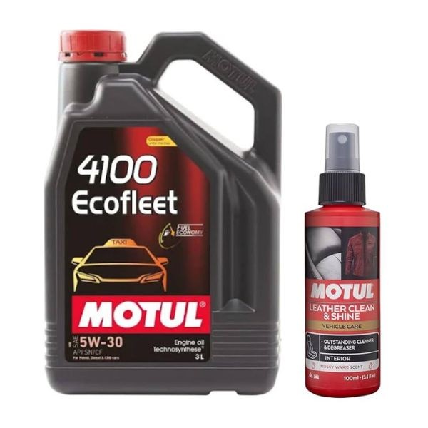 Motul 4100 Ecofleet 5W30 3L Technosynthese Engine Oil with Leather Clean 100ML Combo