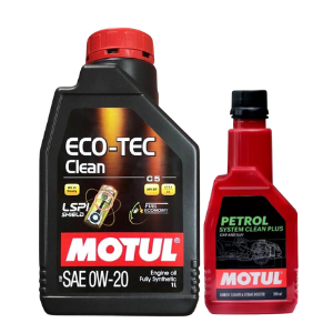 Motul Eco-Tech Clean 0W20 1LTR Fully Synthetic Engine Oil with Petrol System Clean 200ml Combo Fuel Economy & Engine Protection for Modern Petrol Cars (Combo Pack)