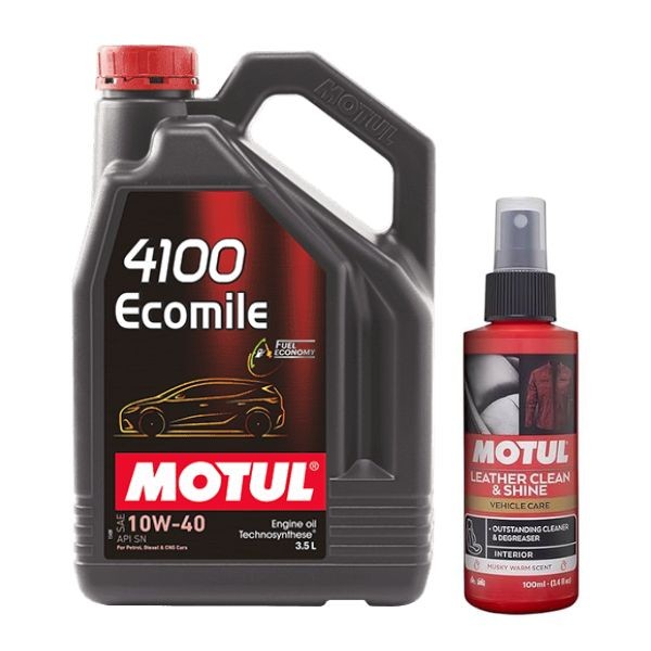 Motul 4100 Ecomile 10W-40 Semi-Synthetic Engine Oil 3.5L + Leather Clean 100ml Combo Pack
