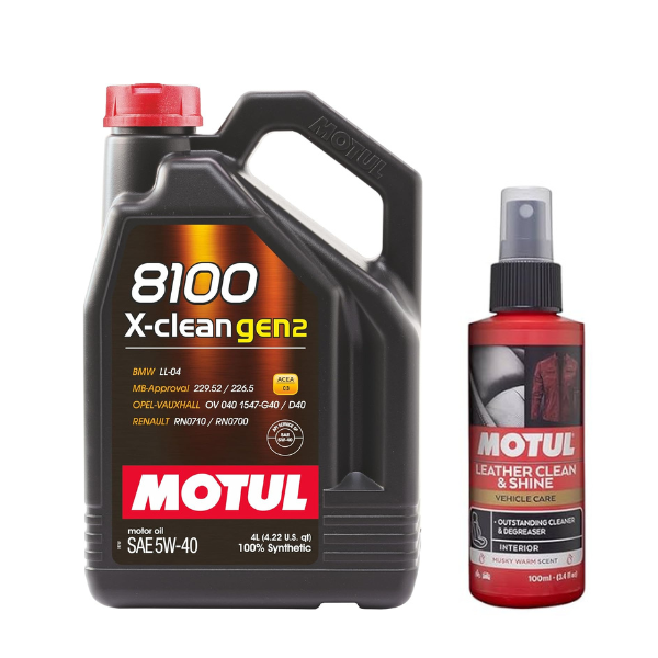 Motul 8100 X-Clean GEN2 5W-40 Fully Synthetic Engine Oil 4L + Leather Clean 100ml Combo Pack