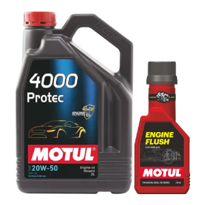 Motul 4000 Protec 20W50 3LTR Engine Oil & Engine Flush 250ml Combo Superior Protection & Cleanliness for Petrol/ Older Engines