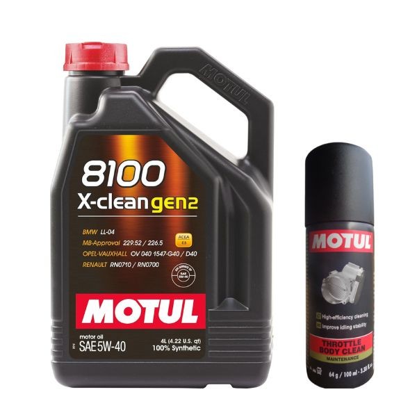Motul 8100 X-Clean Gen 2 5W-40 4L Fully Synthetic Engine Oil with Throttle Body Clean 100ML Combo