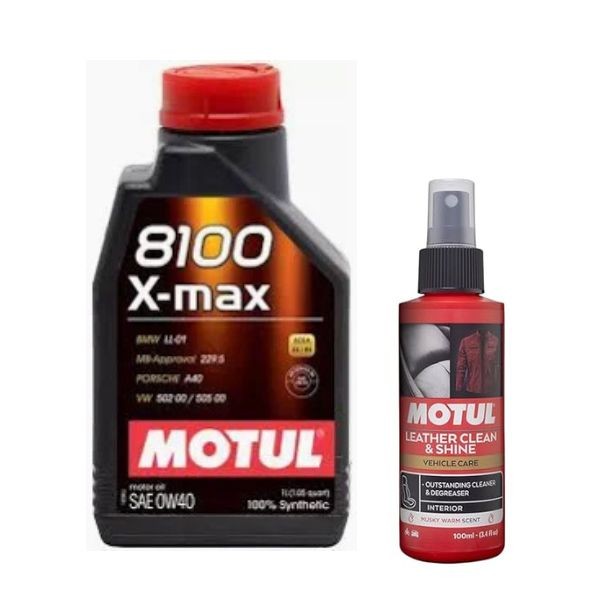 Motul 8100 X-Max 0W40 1L Fully Synthetic Engine Oil with Leather Clean 100ML Combo