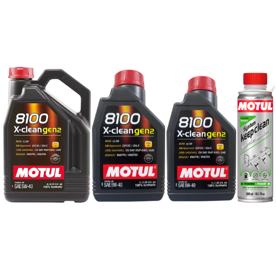Motul 8100 X-clean gen2 5W-40 100% Synthetic Engine Oil - 4L + 1L Can 2 Nos. (6L Total) With Petrol System Keep Gasoline Clean 300ml Combo