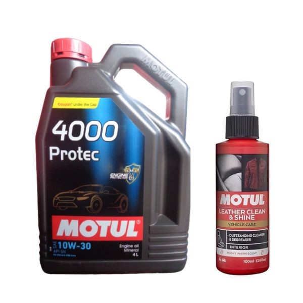 Motul 4000 Protec 10W-30 Mineral Engine Oil 4L + Leather Clean 100ml Combo Pack