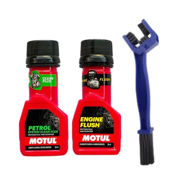 Motul Engine Flush & Petrol System Clean 50ml with Chain Cleaning Brush Combo | Complete Engine, Fuel & Bike Care Kit