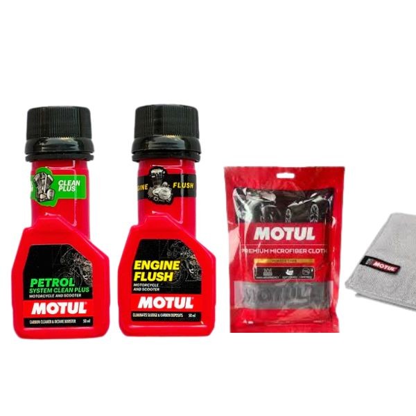 Motul Engine Flush 50ml & Petrol System Clean 50ml with Microfiber Cloth Combo | Engine & Fuel System Cleaning Kit