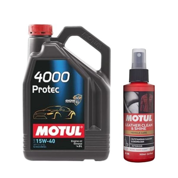 Motul 4000 Protec 15W-40 Mineral Engine Oil 5L + Leather Clean 100ml Combo Pack