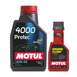 Motul 4000 Protec 20W50 1LTR Engine Oil & Engine Flush 250ml Combo