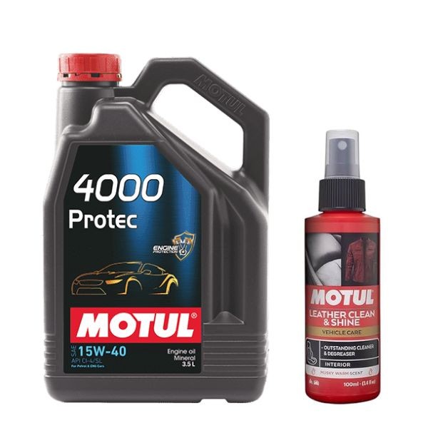 Motul 4000 Protec 15W-40 Mineral Engine Oil 3.5L + Leather Clean 100ml Combo Pack