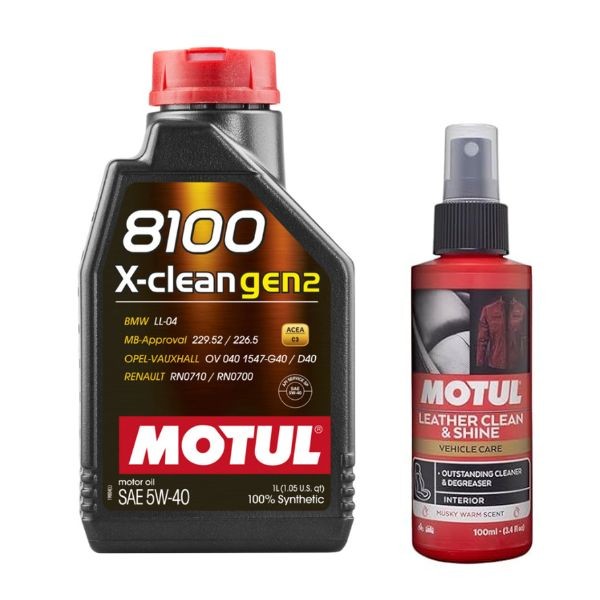 Motul 8100 X-Clean Gen2 5W-40 Fully Synthetic Engine Oil 1L + Leather Clean 100ml Combo Pack