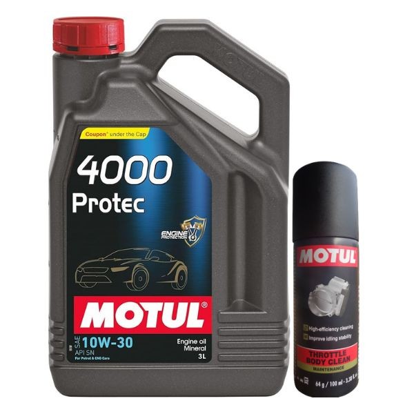 Motul 4000 Protec 10W30 3L Engine Oil with Throttle Body Clean 100ML Combo