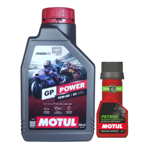 Motul Moto GP Power 10W30 (900ml) Synthetic Engine Oil with Petrol System Clean (50ml) Combo for Bike