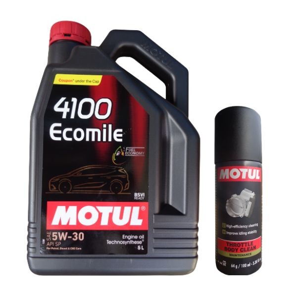 Motul 4100 Ecomile 5W30 Technosynthese Engine Oil 5L with Throttle Body Clean 100ML Combo