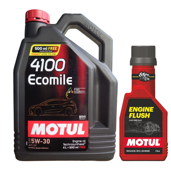 Motul 4100 Ecomile 5W30 Synthetic Engine Oil 4.5L With Engine Flush 250ml Combo
