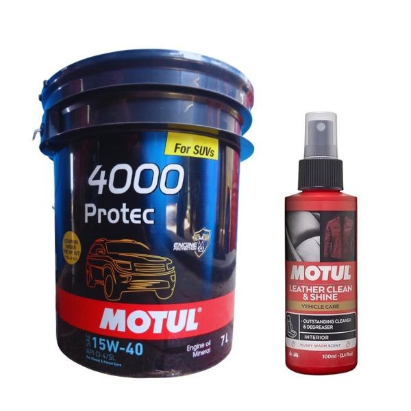 Motul 4000 Protec 15W-40 Mineral Engine Oil 7L + Leather Clean 100ml Combo Pack