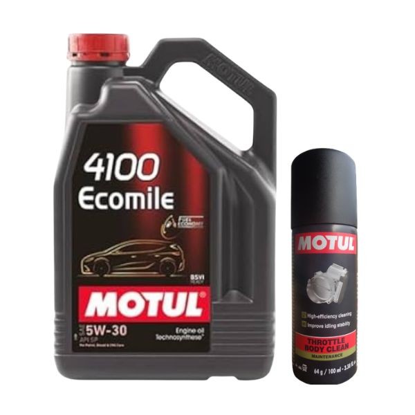 Motul 4100 Ecomile 5W30 Technosynthese Engine Oil 4.5L with Throttle Body Clean 100ML Combo