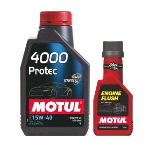 Motul 4000 Protec 15W40 1LTR Engine Oil & 250ml Engine Flush Combo – Mineral Oil for Petrol/Diesel Engines