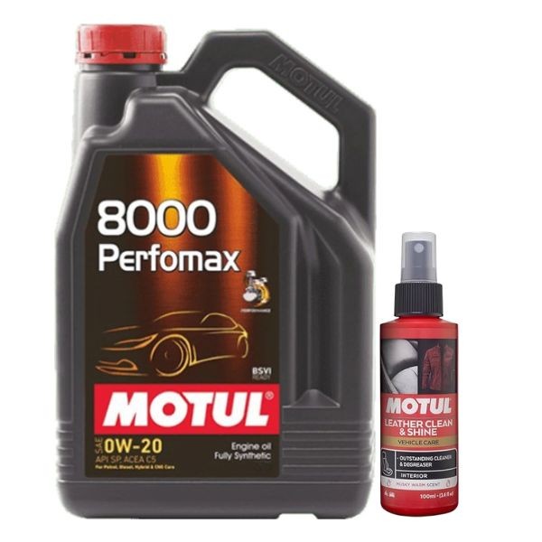 Motul 8000 Performax 0W20 3L Technosynthese Engine Oil with Leather Clean 100ML Combo