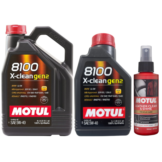 Motul 8100 X-clean gen2 5W-40 100% Synthetic Engine Oil - 4L + 1L Can (5L Total) With Leather Clean & Shine 100ml Combo